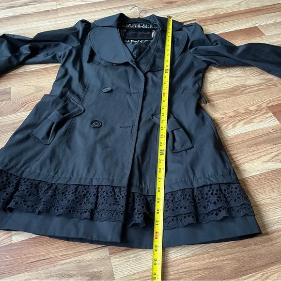Betsey Johnson Black Trench Coat with Ruffled Hem - Picture 9 of 10
